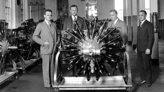 George Mead, Frederick Rentshler, Don Brown, and William Willgoos pictured with the 1000th Wasp engine. (Pratt & Whitney)